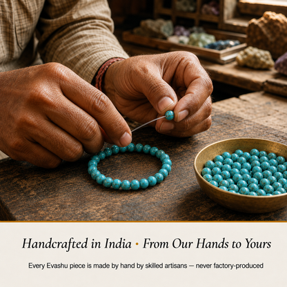Turquoise Firoza Bracelet handcrafted in India showing artisan crystal bracelet making
