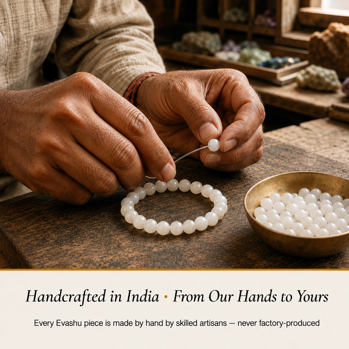 White Agate Bracelet handcrafted in India showing artisan crystal bracelet making