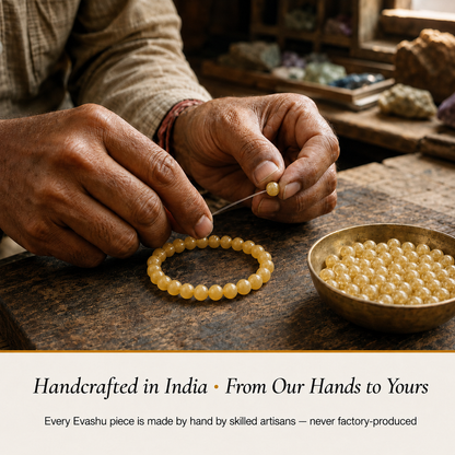 Yellow Aventurine Bracelet handcrafted in India showing artisan crystal bracelet making