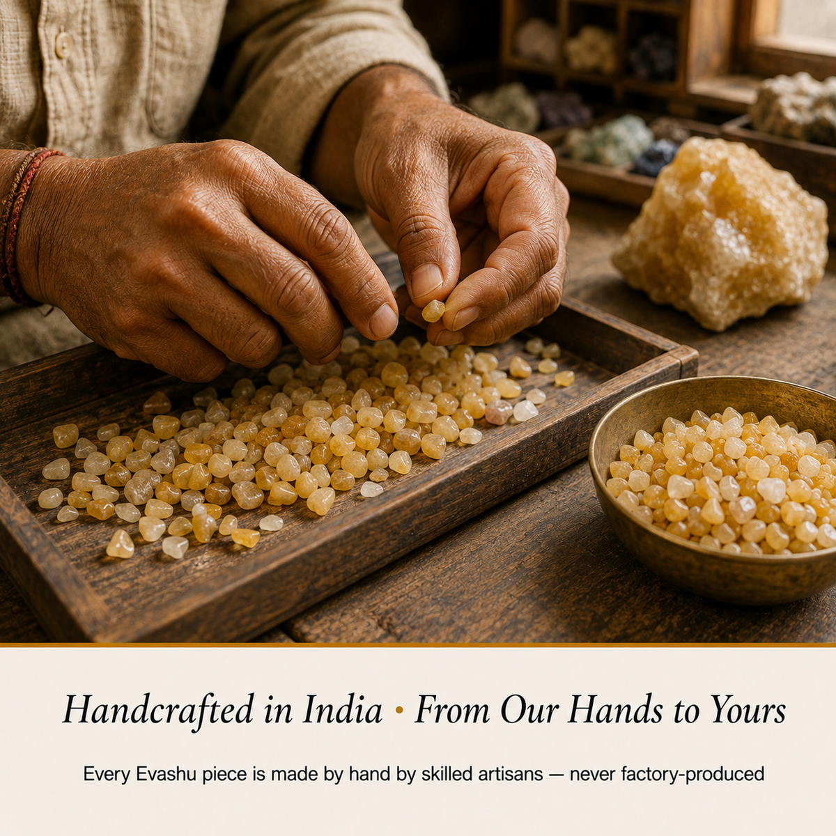 Yellow Aventurine Chips handcrafted in India showing artisan crystal product making