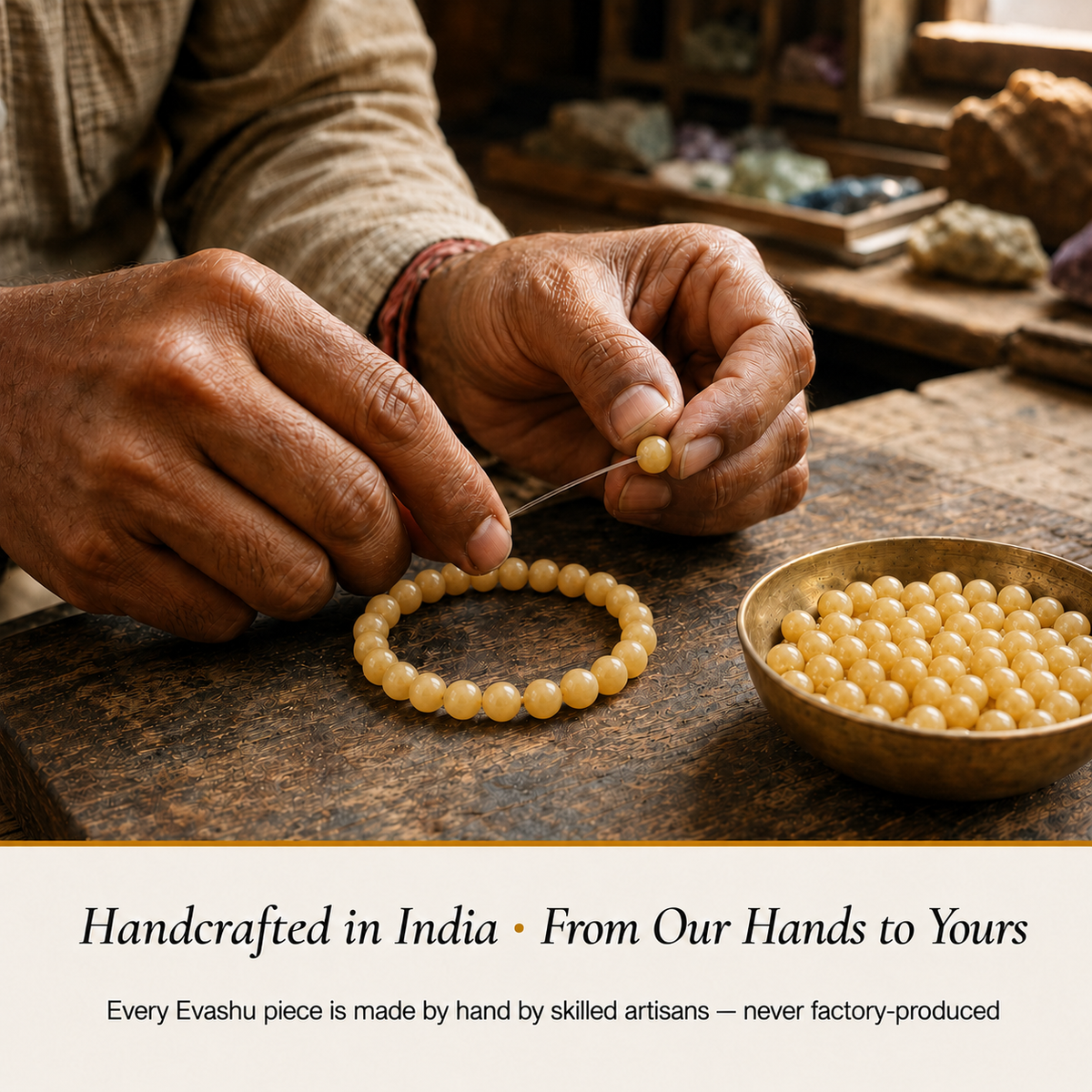 Yellow Jade Bracelet handcrafted in India showing artisan crystal bracelet making