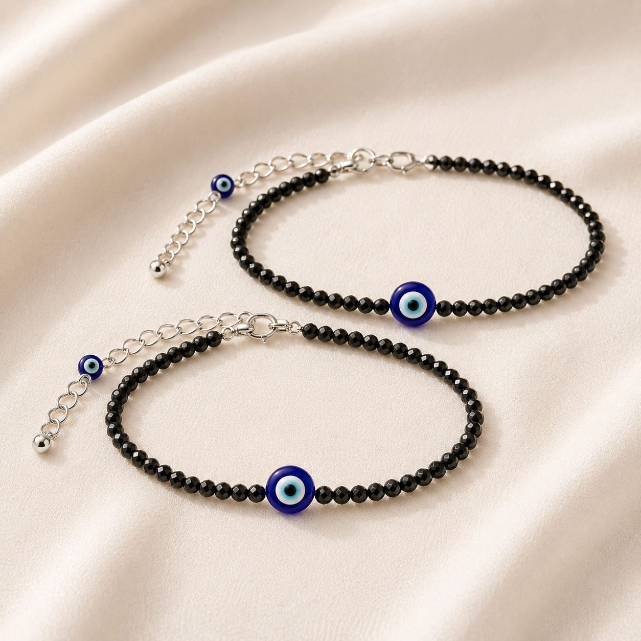 Black Tourmaline & Evil Eye Anklet Set for Protection