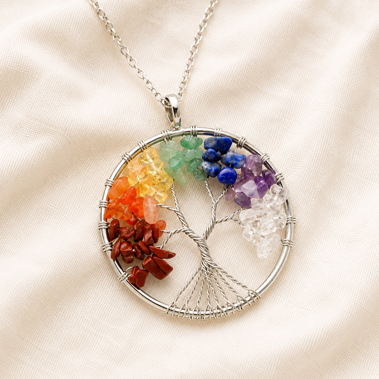 Natural 7 Chakra Wire Tree of Life Pendant for Energy Balance