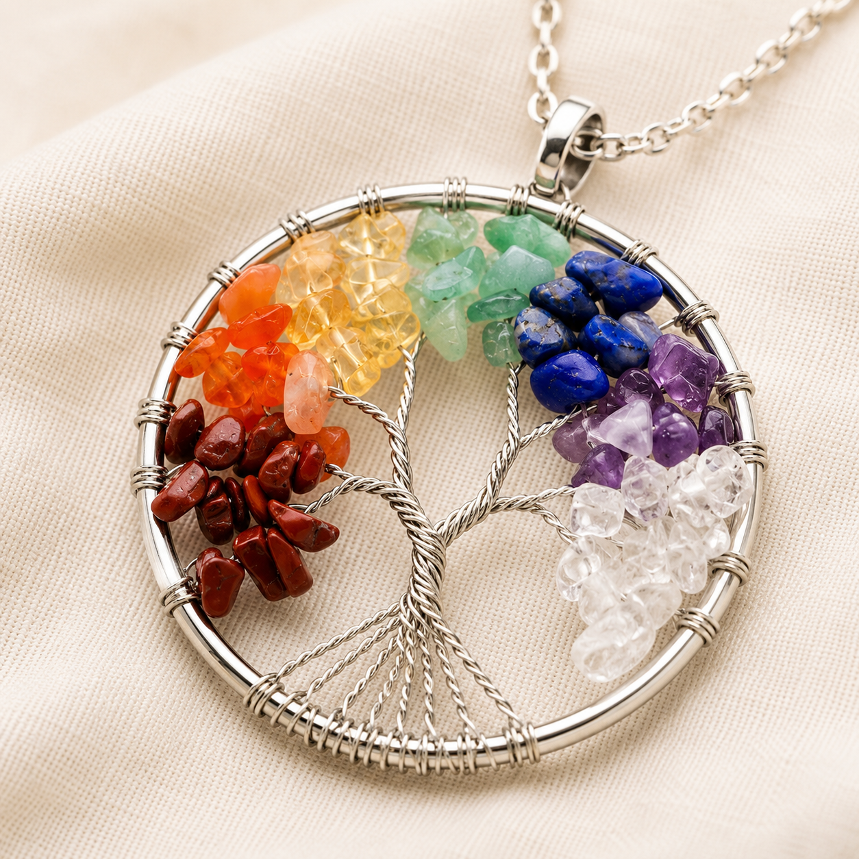 Natural 7 Chakra Wire Tree of Life Pendant for Energy Balance