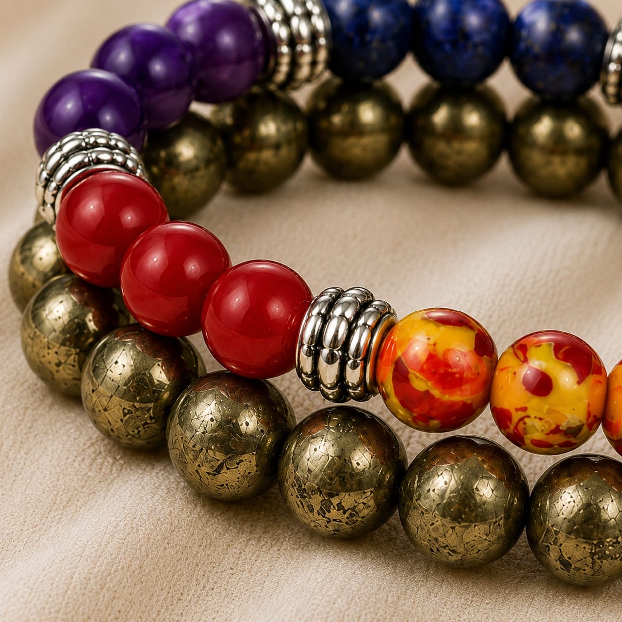 Natural 7 Chakra & Pyrite Duo Bracelet Set for Mindfulness