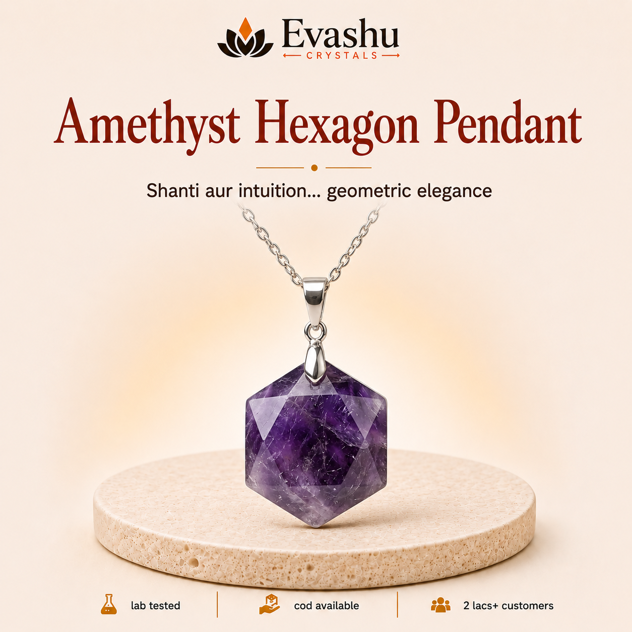 Natural Amethyst Hexagon Pendant for Calm