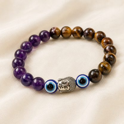 Tiger Eye, Amethyst & Evil Eye Bracelet Set for Confidence