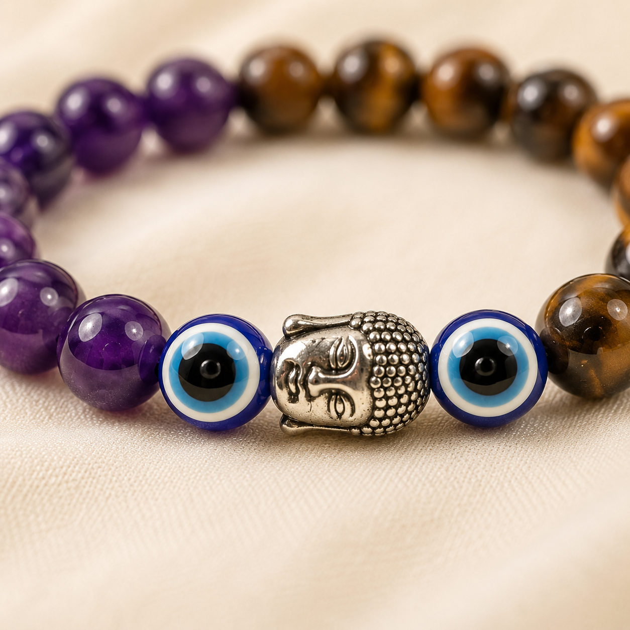 Tiger Eye, Amethyst & Evil Eye Bracelet Set for Confidence