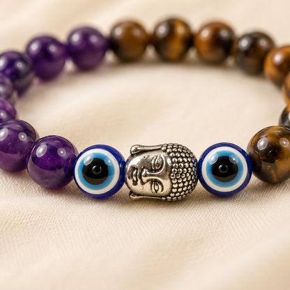 Tiger Eye, Amethyst & Evil Eye Bracelet Set for Confidence