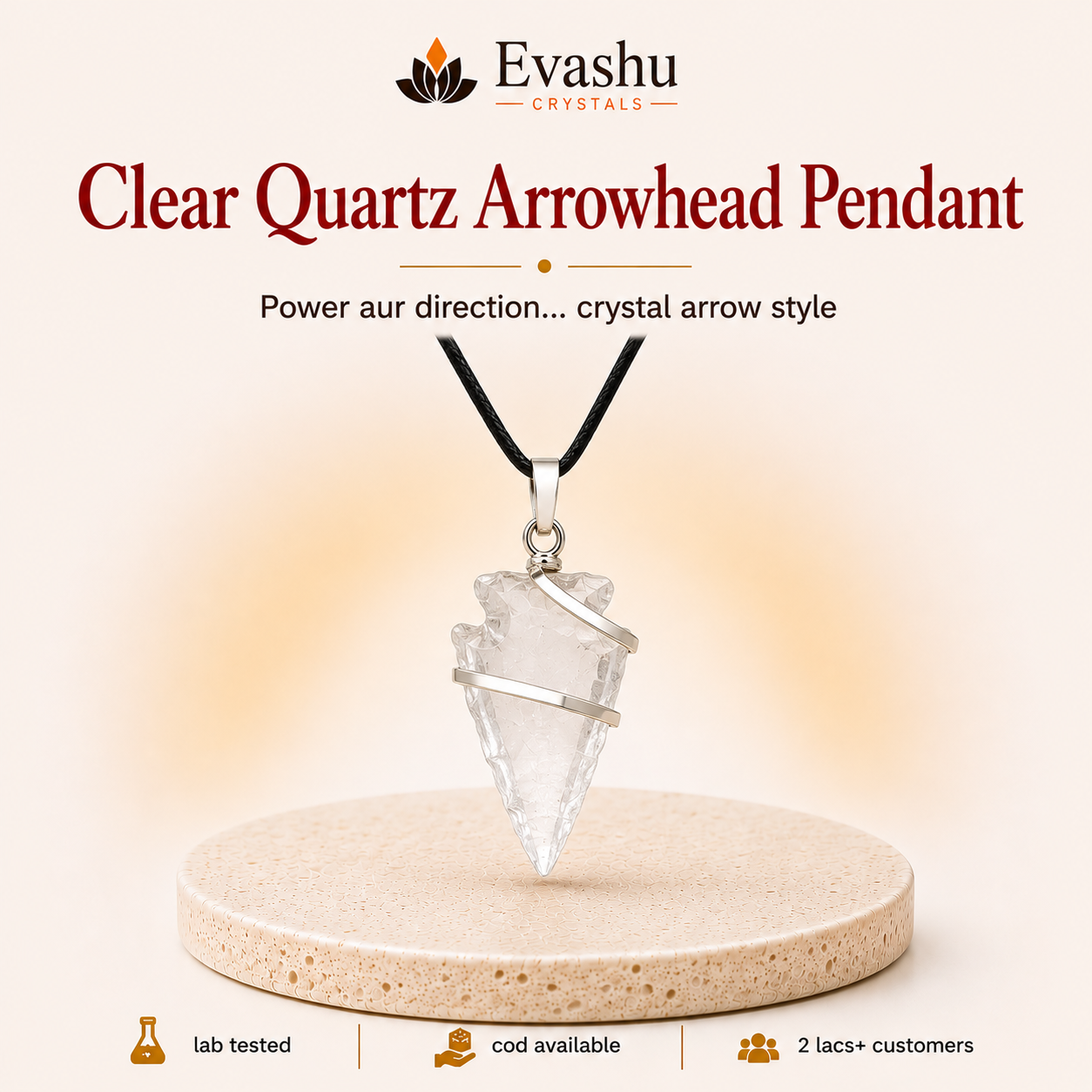Natural Clear Quartz Arrowhead Pendant for Focus