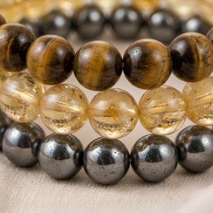 Silver Hematite, Tiger Eye & Citrine Bracelet Set for Stability