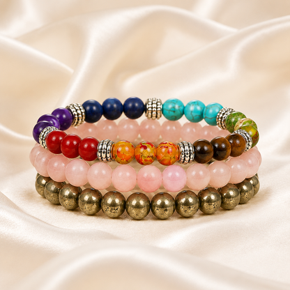 Rose Quartz, 7 Chakra & Pyrite Bracelet Set for Self-Love