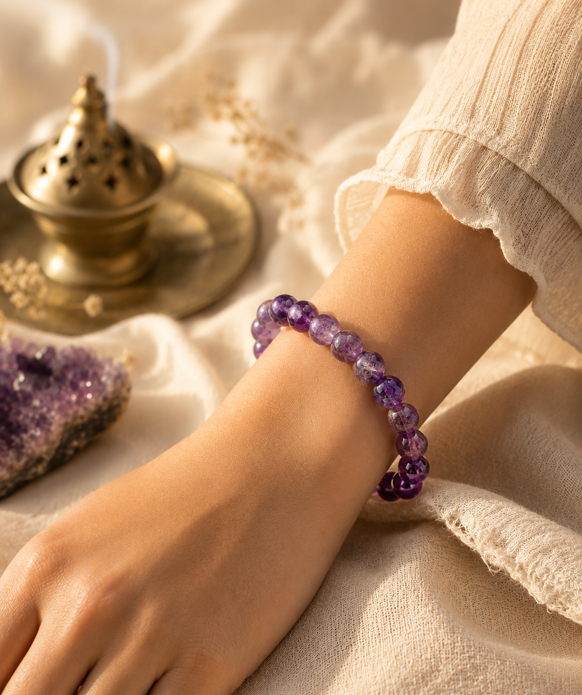 Natural crystal jewellery in warm light