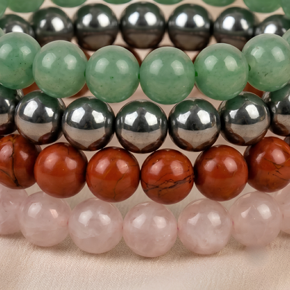 Silver Hematite, Rose Quartz, Green Aventurine & Red Jasper Bracelet Set for Grounding