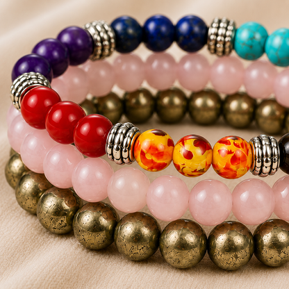 Rose Quartz, 7 Chakra & Pyrite Bracelet Set for Self-Love