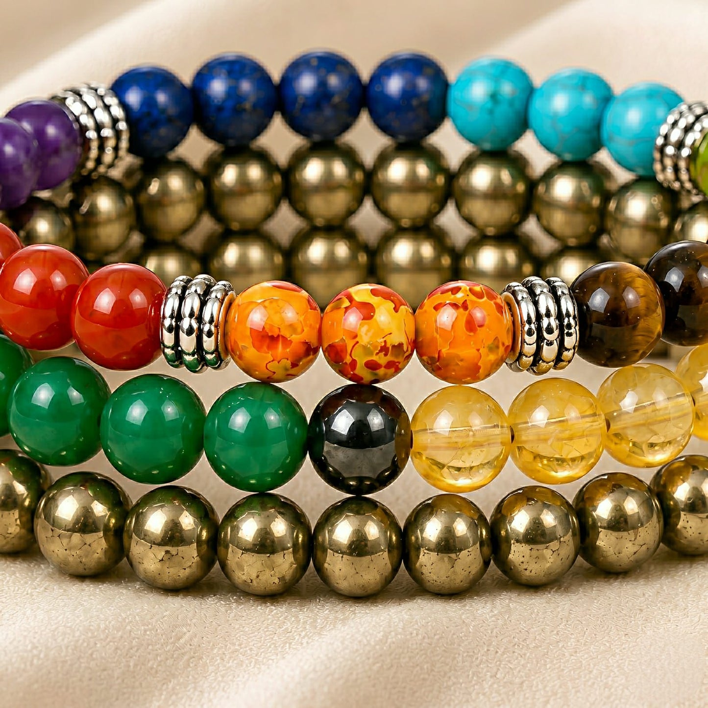 7 Chakra, Pyrite & Prosperity Crystal Bracelet Set for Energy Balance