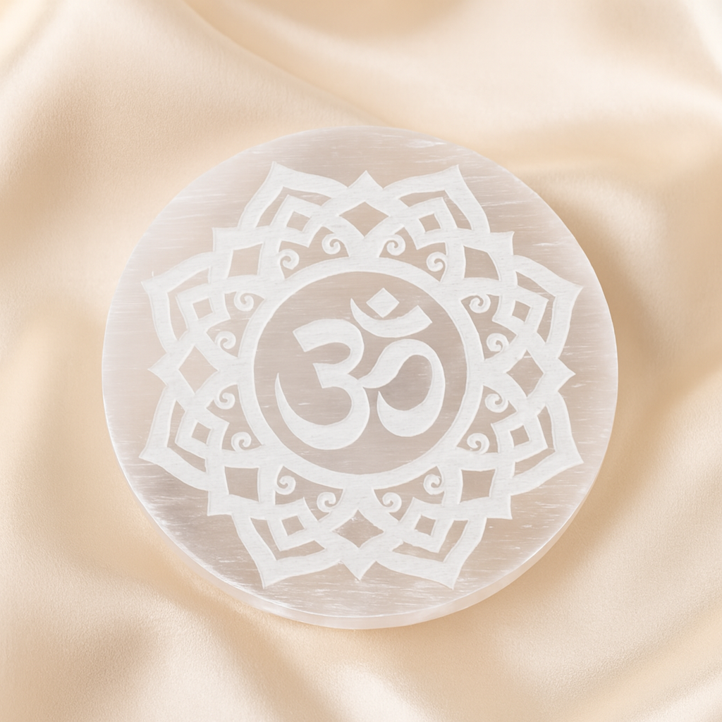 Selenite 7 Chakra Om Charging Plate for Cleansing