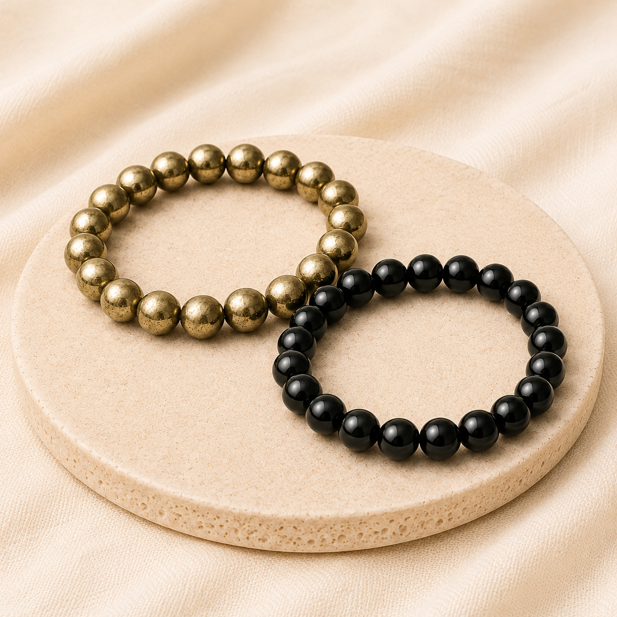 Natural Black Obsidian & Pyrite Bracelet Set for Protection