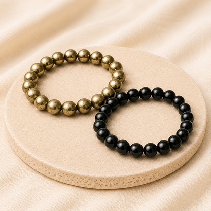 Natural Black Obsidian & Pyrite Bracelet Set for Protection