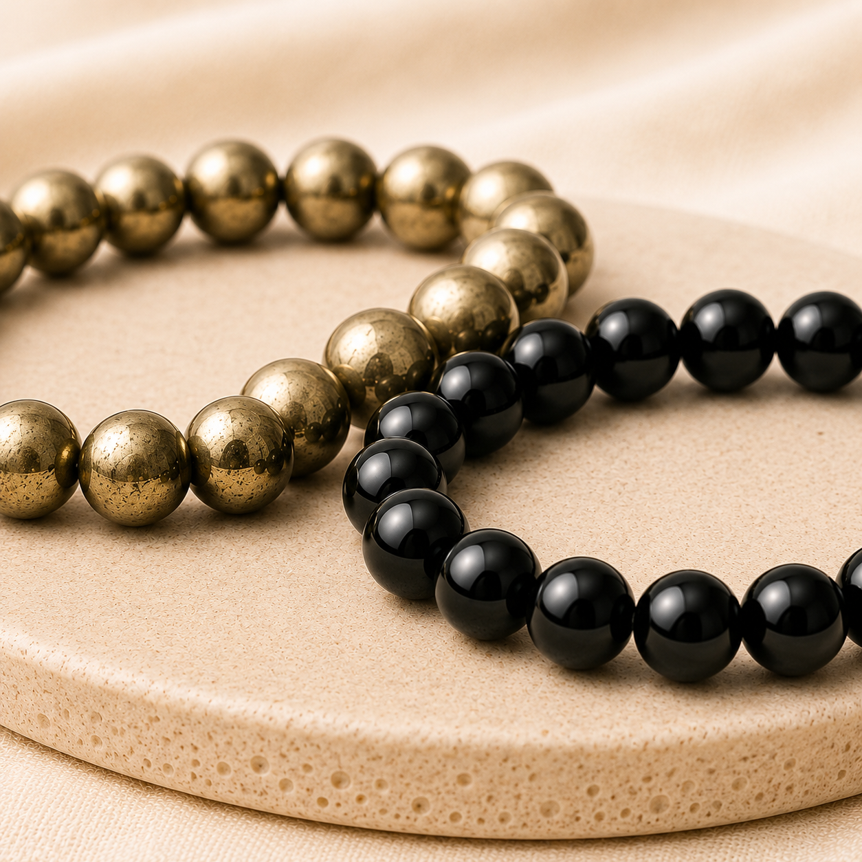 Natural Black Obsidian & Pyrite Bracelet Set for Protection