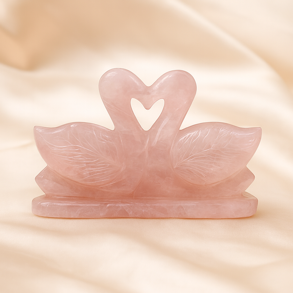 Natural Rose Quartz Swan Pair Figurine for Love