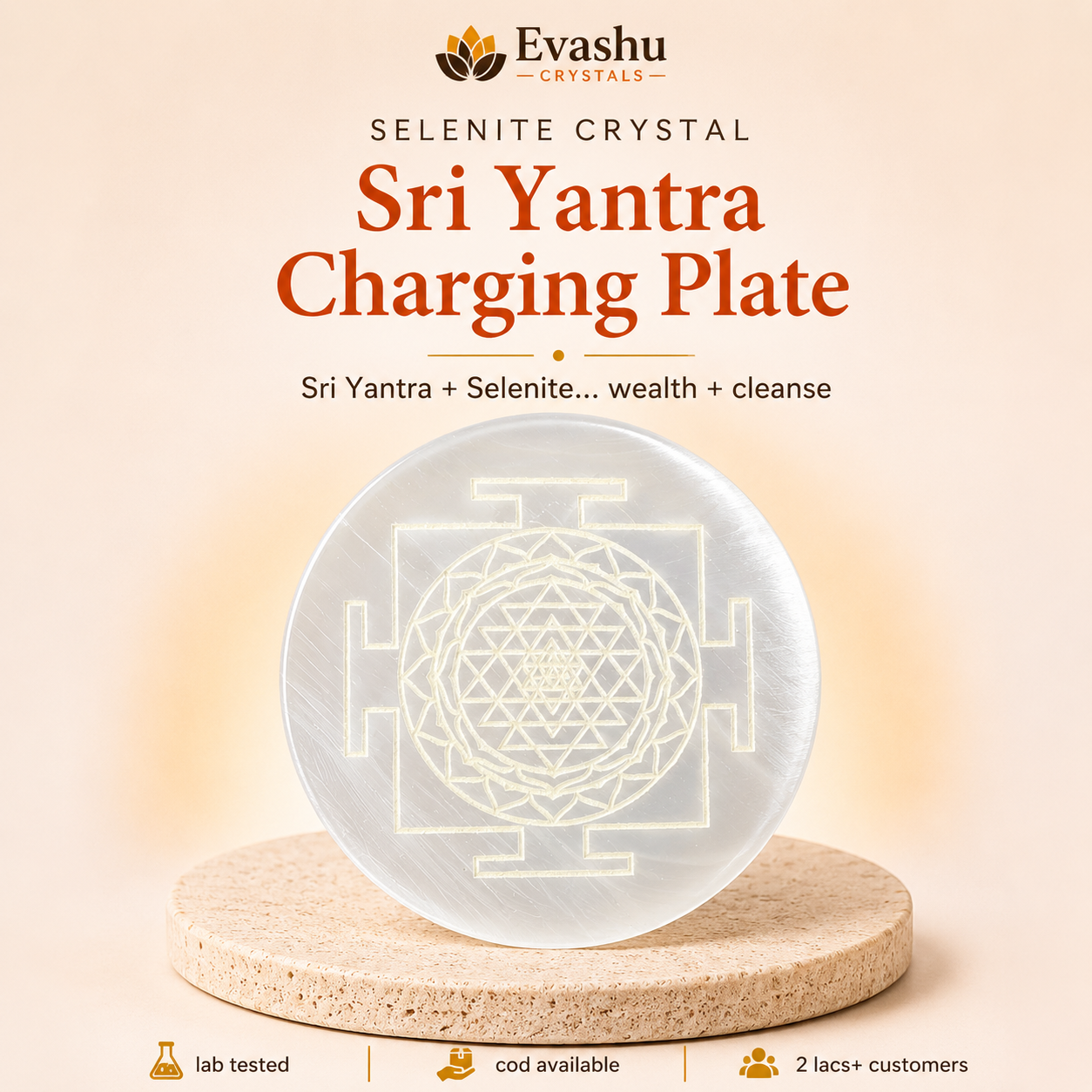 Natural Selenite Sri Yantra Om Charging Plate for Prosperity