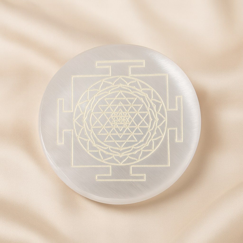 Natural Selenite Sri Yantra Om Charging Plate for Prosperity