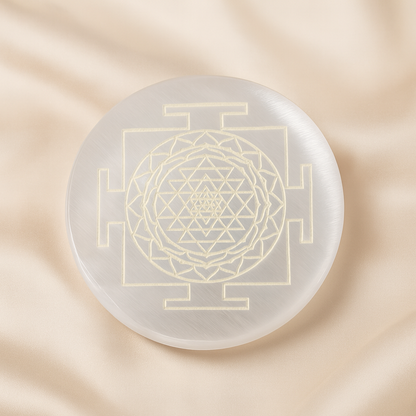 Natural Selenite Sri Yantra Om Charging Plate for Prosperity
