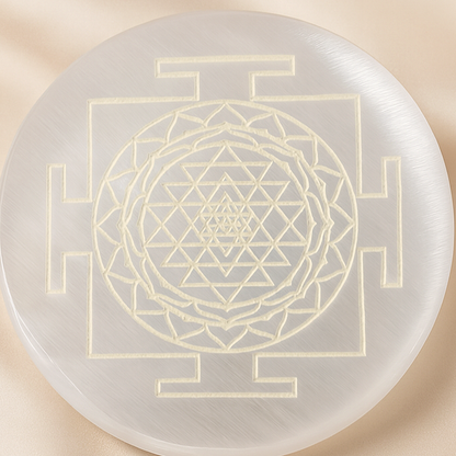 Natural Selenite Sri Yantra Om Charging Plate for Prosperity