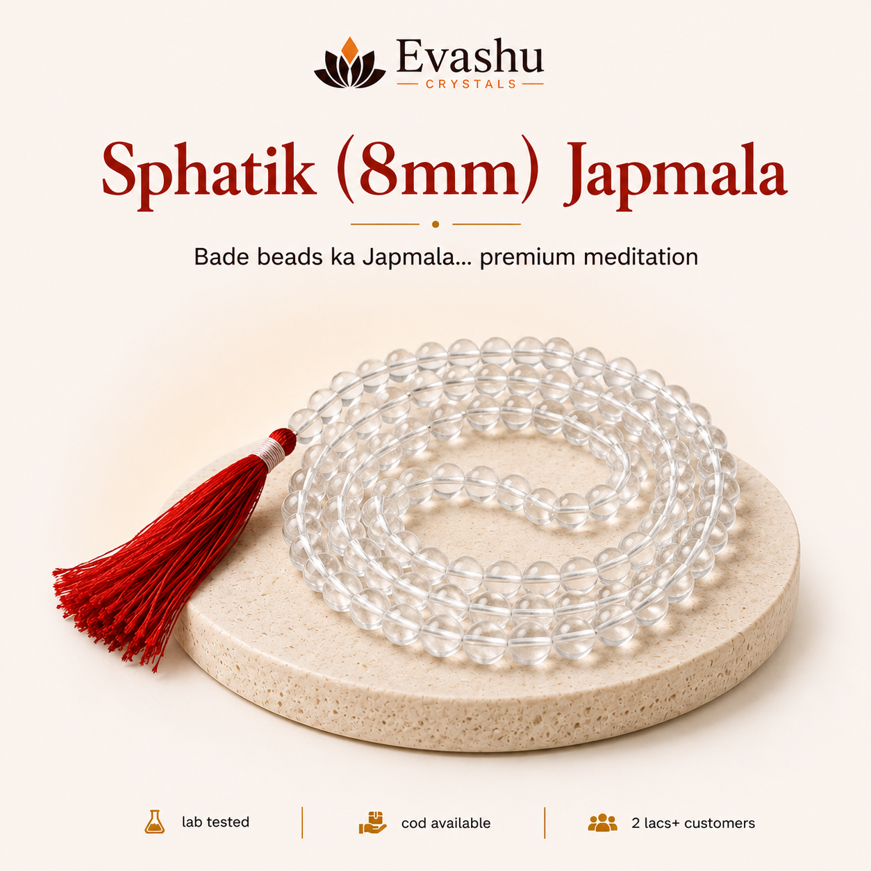 Natural Clear Quartz 8mm 108 Bead Mala for Clarity