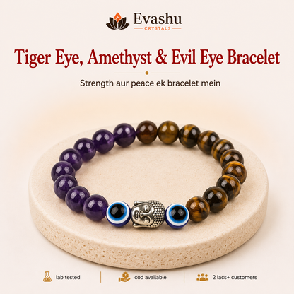 Tiger Eye, Amethyst & Evil Eye Bracelet Set for Focus