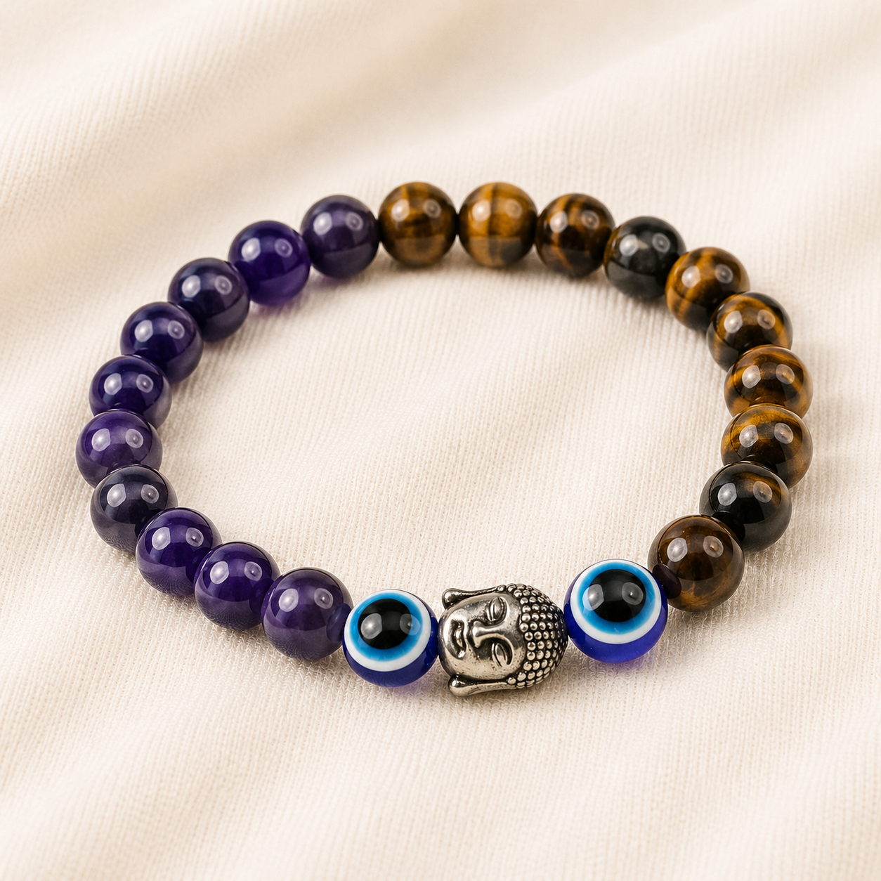Tiger Eye, Amethyst & Evil Eye Bracelet Set for Focus