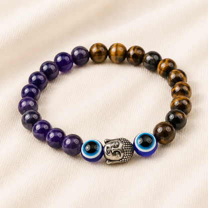 Tiger Eye, Amethyst & Evil Eye Bracelet Set for Focus