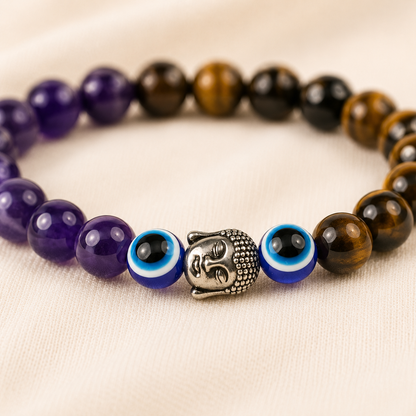 Tiger Eye, Amethyst & Evil Eye Bracelet Set for Focus