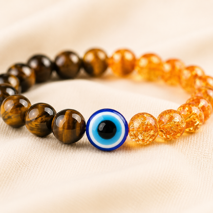 Tiger Eye, Citrine & Evil Eye Bracelet Set for Protection
