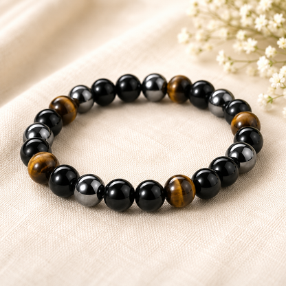 Black Obsidian, Tiger Eye & Evil Eye Bracelet for Grounding