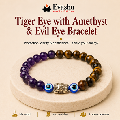 Tiger Eye, Amethyst & Evil Eye Bracelet Set for Confidence