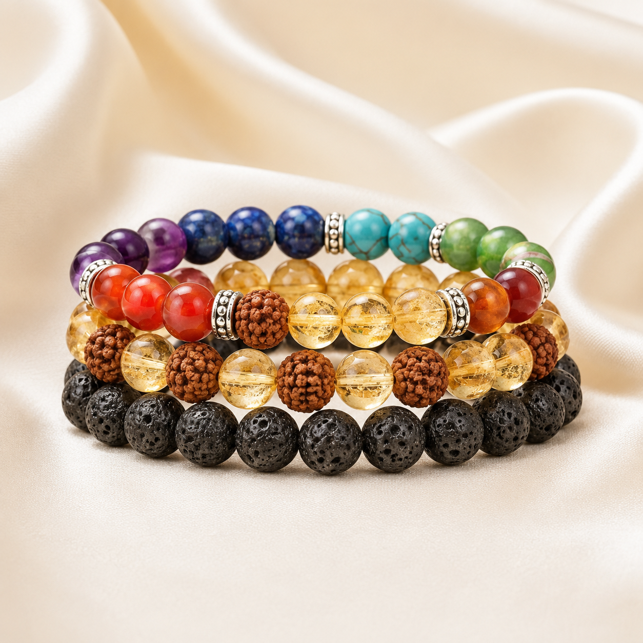 Citrine, Lava Stone, 7 Chakra & Rudraksha Bracelet Set for Success
