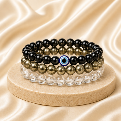 Clear Quartz, Pyrite & Evil Eye Bracelet Set for Focus