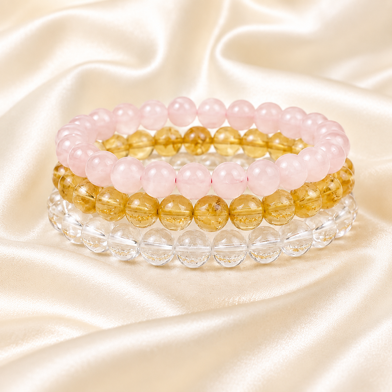 Rose Quartz, Clear Quartz & Citrine Bracelet Set for Love