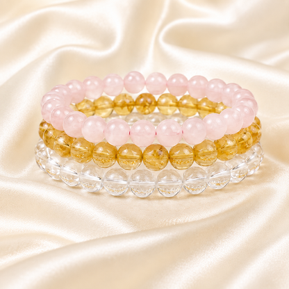 Rose Quartz, Clear Quartz & Citrine Bracelet Set for Love