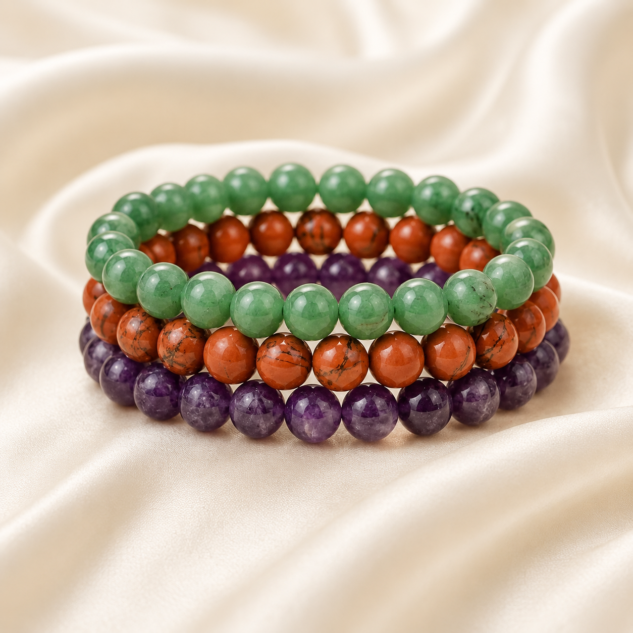 Green Aventurine, Red Jasper & Amethyst Bracelet Set for Growth