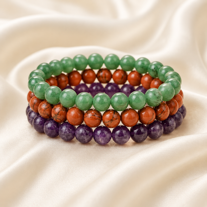 Green Aventurine, Red Jasper & Amethyst Bracelet Set for Growth
