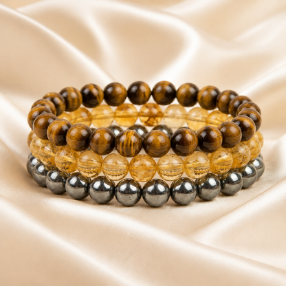 Silver Hematite, Tiger Eye & Citrine Bracelet Set for Stability
