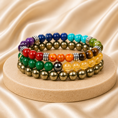 7 Chakra, Pyrite & Prosperity Crystal Bracelet Set for Energy Balance