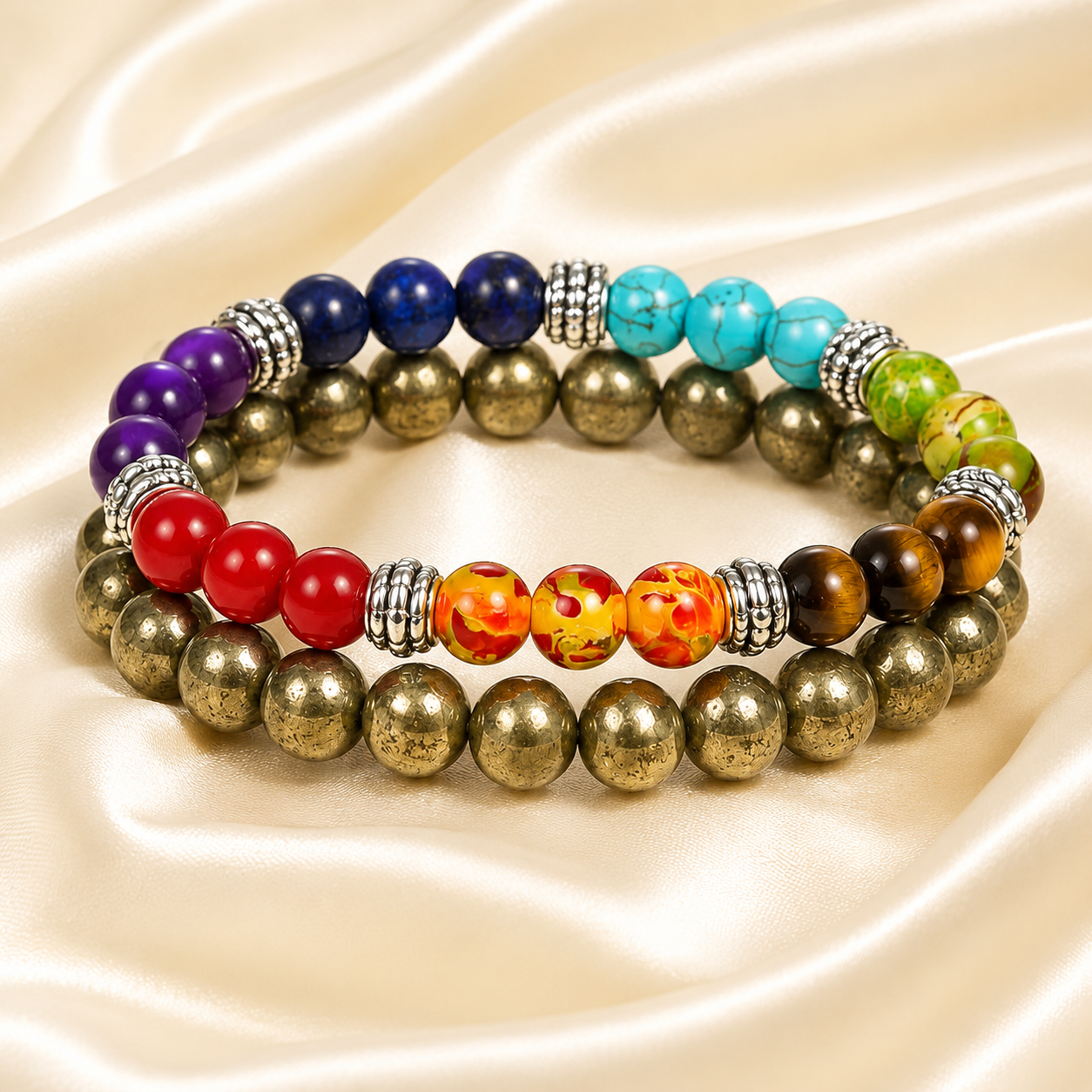 Natural 7 Chakra & Pyrite Duo Bracelet Set for Mindfulness