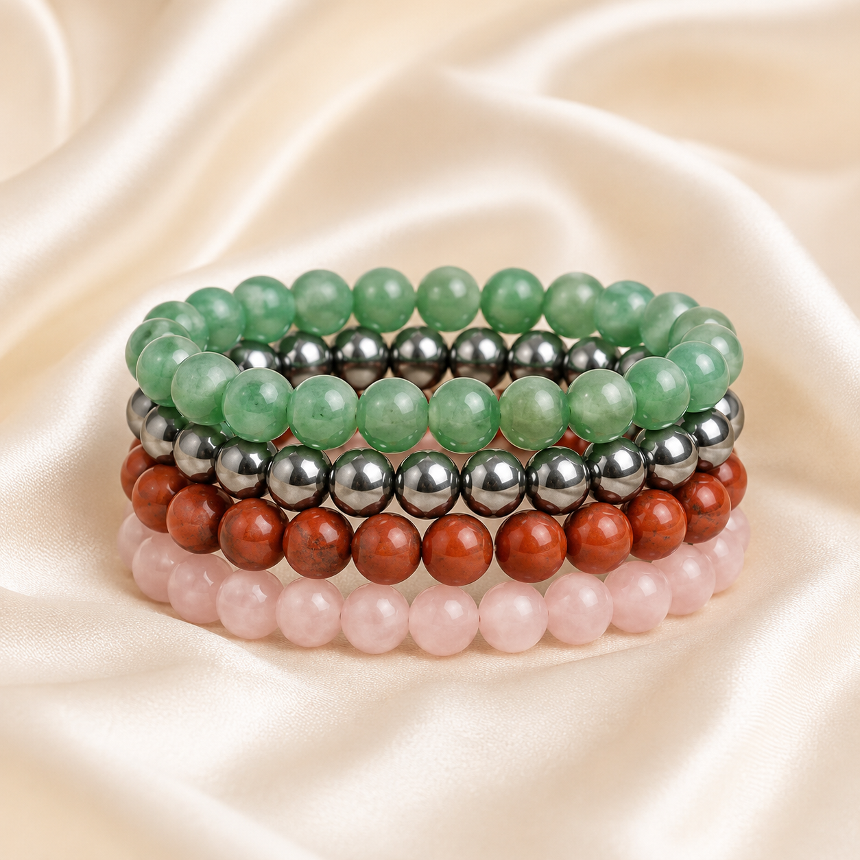 Silver Hematite, Rose Quartz, Green Aventurine & Red Jasper Bracelet Set for Grounding